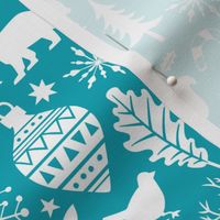 Woodland Forest Christmas Doodle with Deer,Bear,Snowflakes,Trees, Pinecone in Aqua Blue