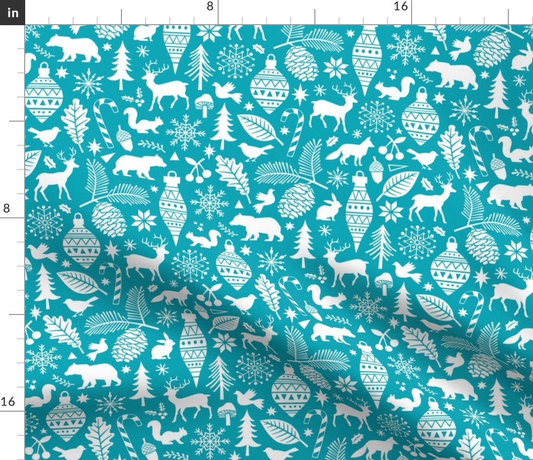 Woodland Forest Christmas Doodle with Deer,Bear,Snowflakes,Trees, Pinecone in Aqua Blue