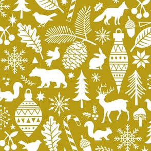 Woodland Forest Christmas Doodle with Deer,Bear,Snowflakes,Trees, Pinecone in Gold Yellow