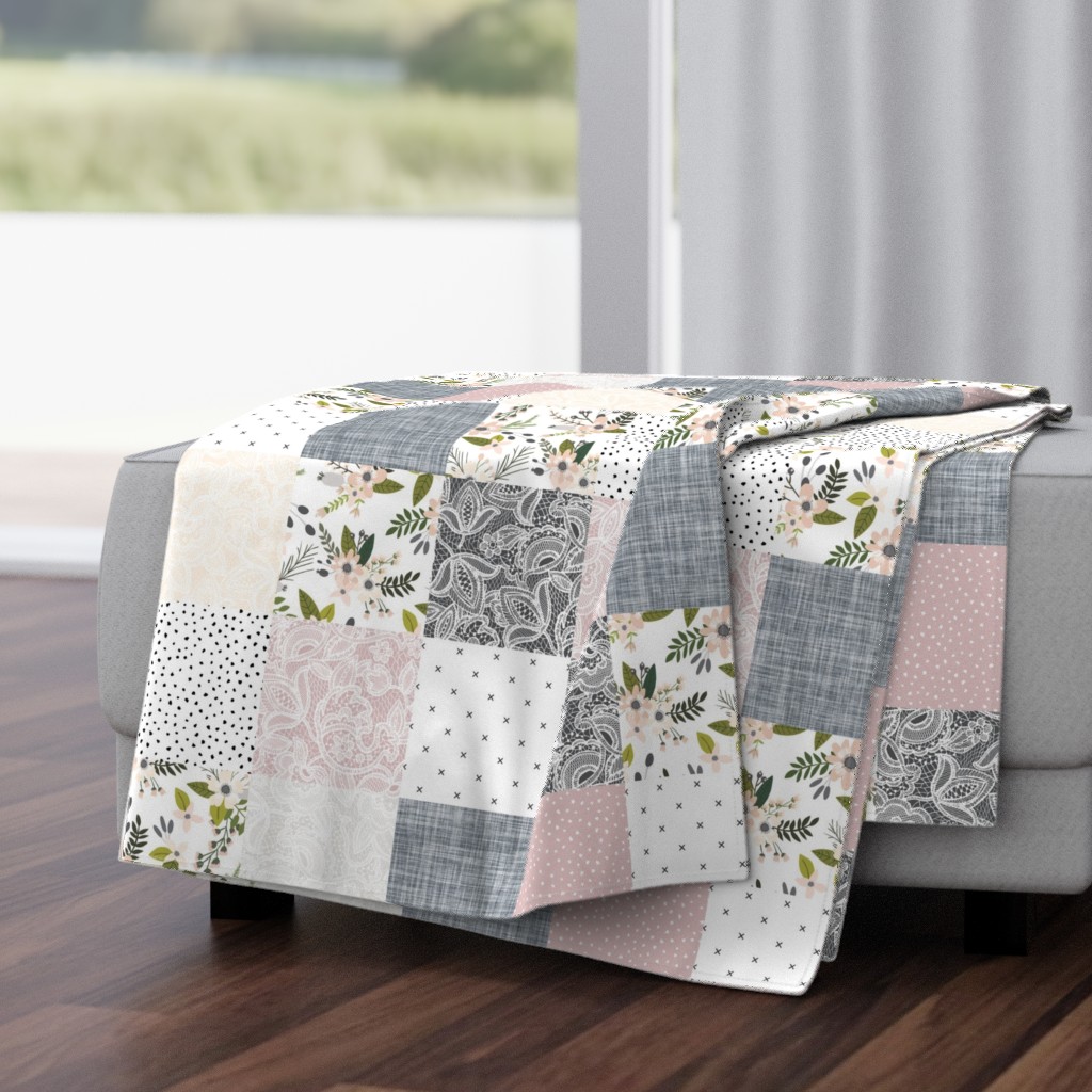 Charcoal and Blush Sprigs and Blooms Wholecloth