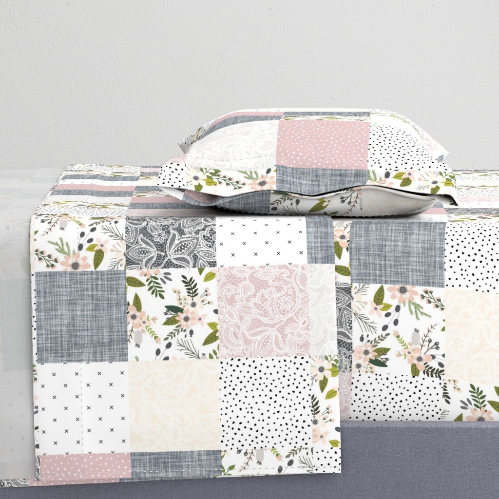 Charcoal and Blush Sprigs and Blooms Wholecloth