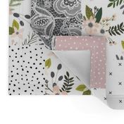 Charcoal and Blush Sprigs and Blooms Wholecloth