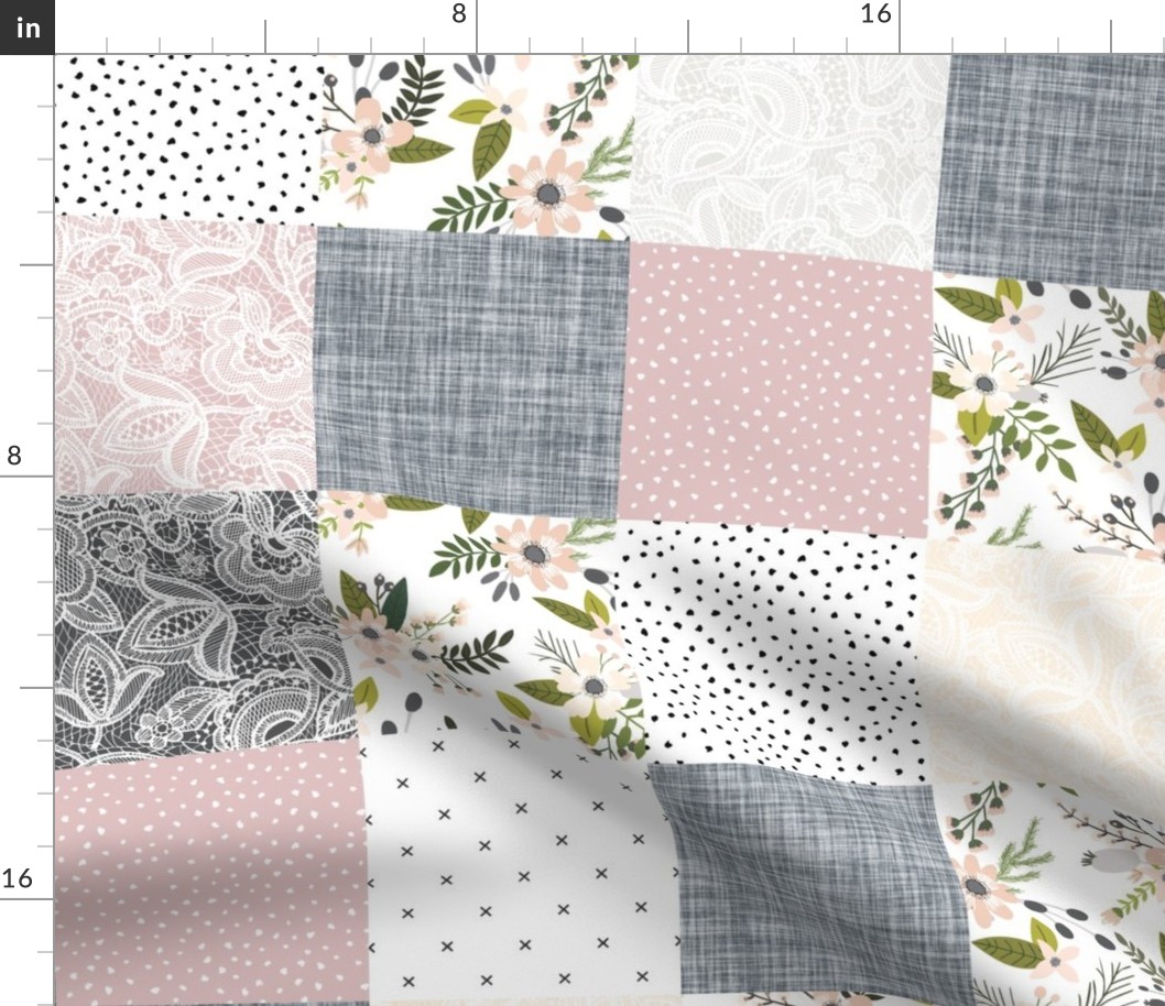 Charcoal and Blush Sprigs and Blooms Wholecloth