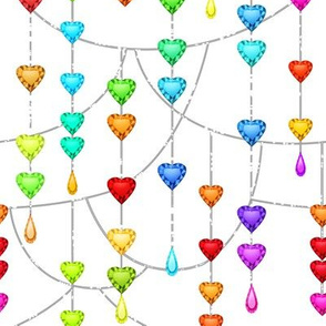 Rainbow Gem Hearts  Dangling on Silver Threads on white background