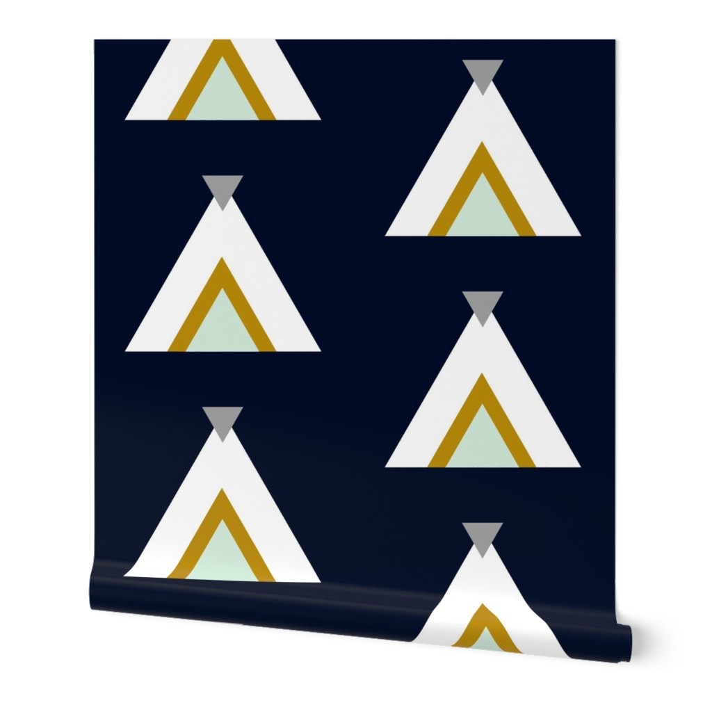 Tribal Teepees / Navy Mint Gray Mustard