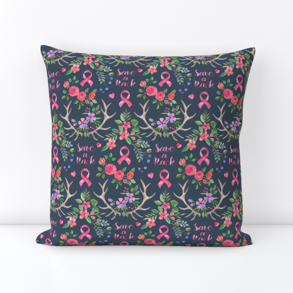 Save a Rack - antlers and watercolor flowers on dark grey blue