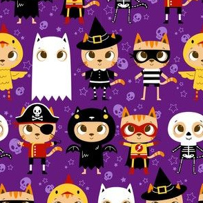 Trick or Treat! Halloween cat in costume: ghost, skeleton, chicken, witch, superhero, pirate bat and robber