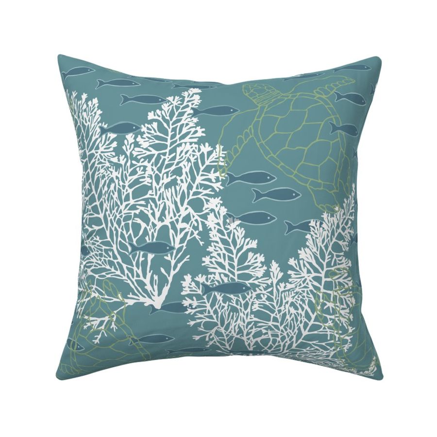 Blue Green Sea Turtles with Fish & Coral Fabric | Spoonflower