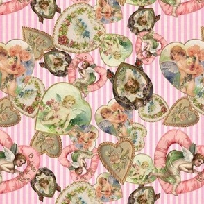 Victorian Romantic  Heart Frames Toss in Vintage Pink + White Striped Paper
