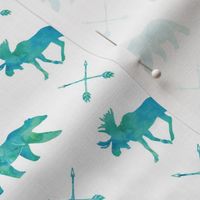 moose, bear, and arrows (small scale) || watercolor blue and green