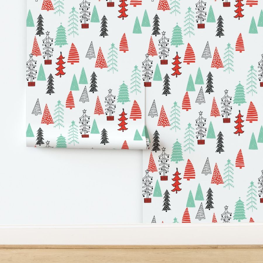 christmas trees // red green christmas tree forest woodland holiday cute kids christmas fabric by andrea lauren