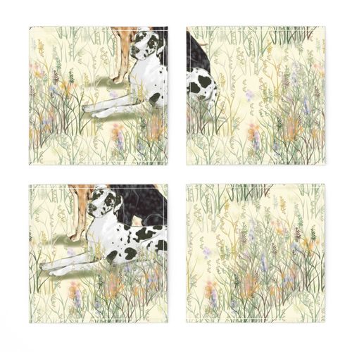 Harlequin Black and Brindle Great Danes in Wildflowers for Pillow