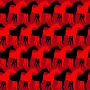 Two Inch Black and Red Overlapping Horses on Dark Red