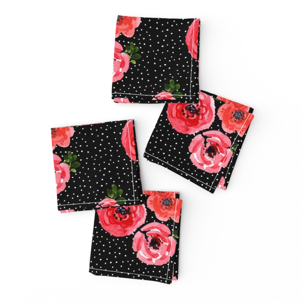 Roses - Watercolor White Polka Dots  / Black Background