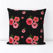 Roses - Watercolor White Polka Dots  / Black Background