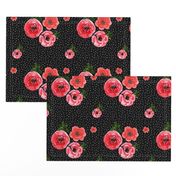 Roses - Watercolor White Polka Dots  / Black Background