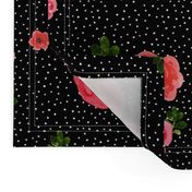 Roses - Watercolor White Polka Dots  / Black Background