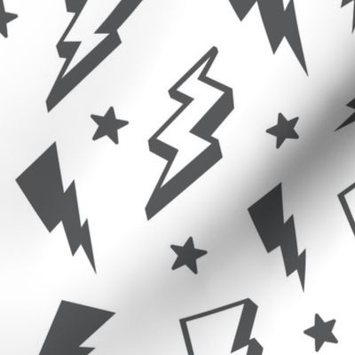 lightning + stars grey on white monochrome bolts