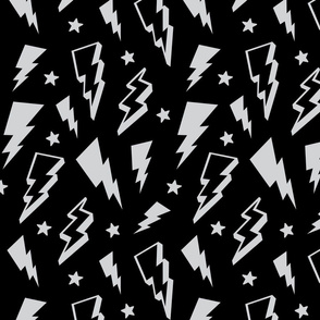 lightning + stars light grey on black monochrome bolts