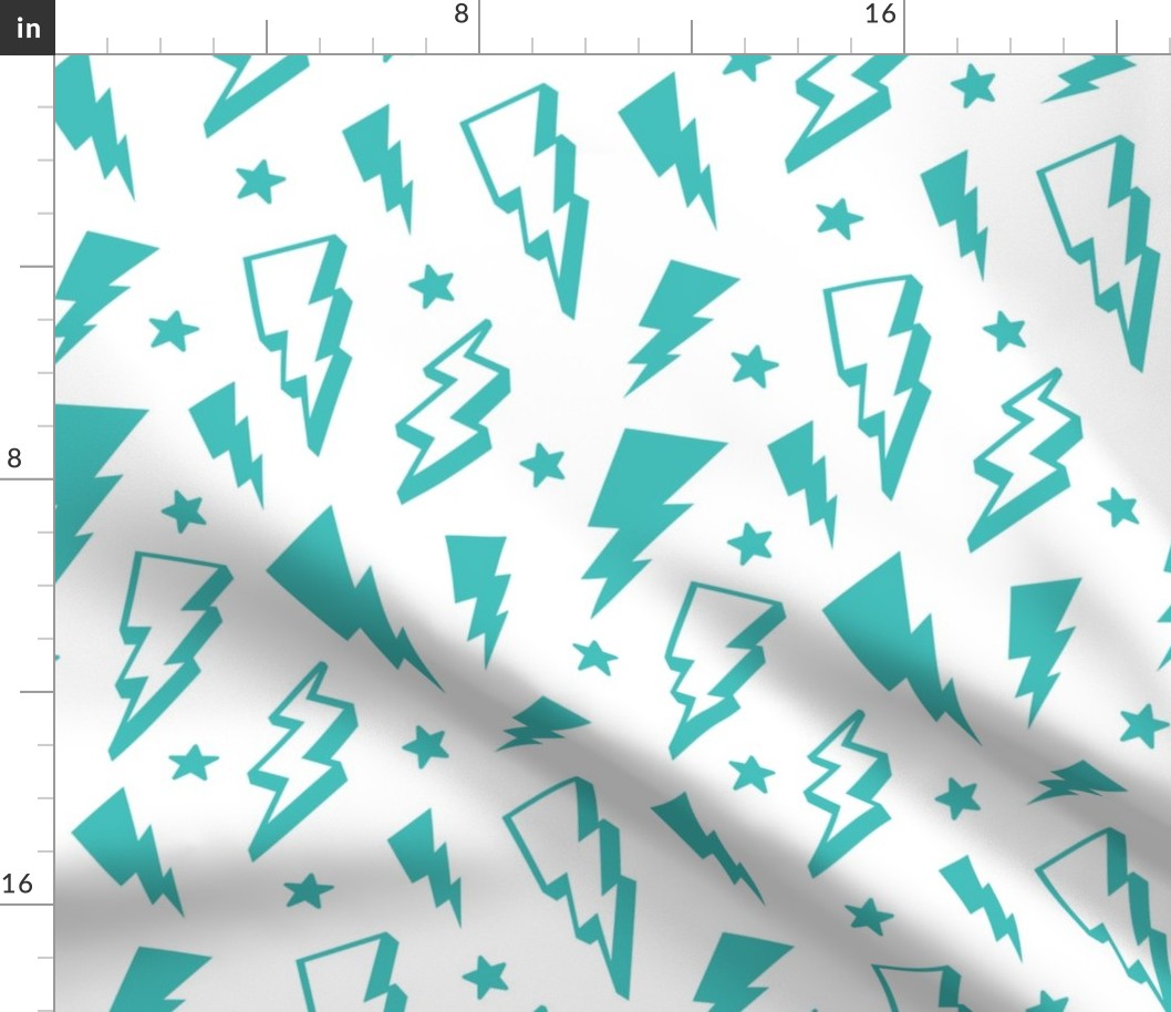 lightning + stars teal blue on white bolts