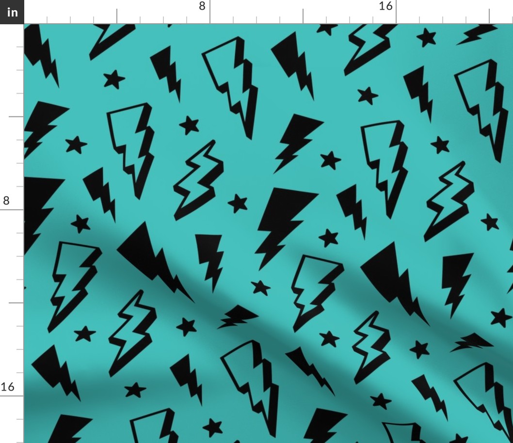 lightning + stars black on teal blue bolts