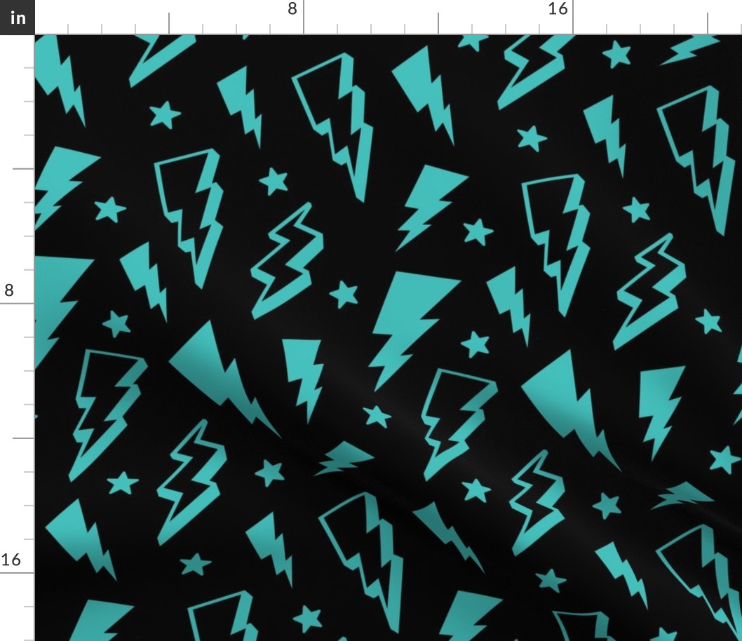 lightning + stars teal blue on black bolts