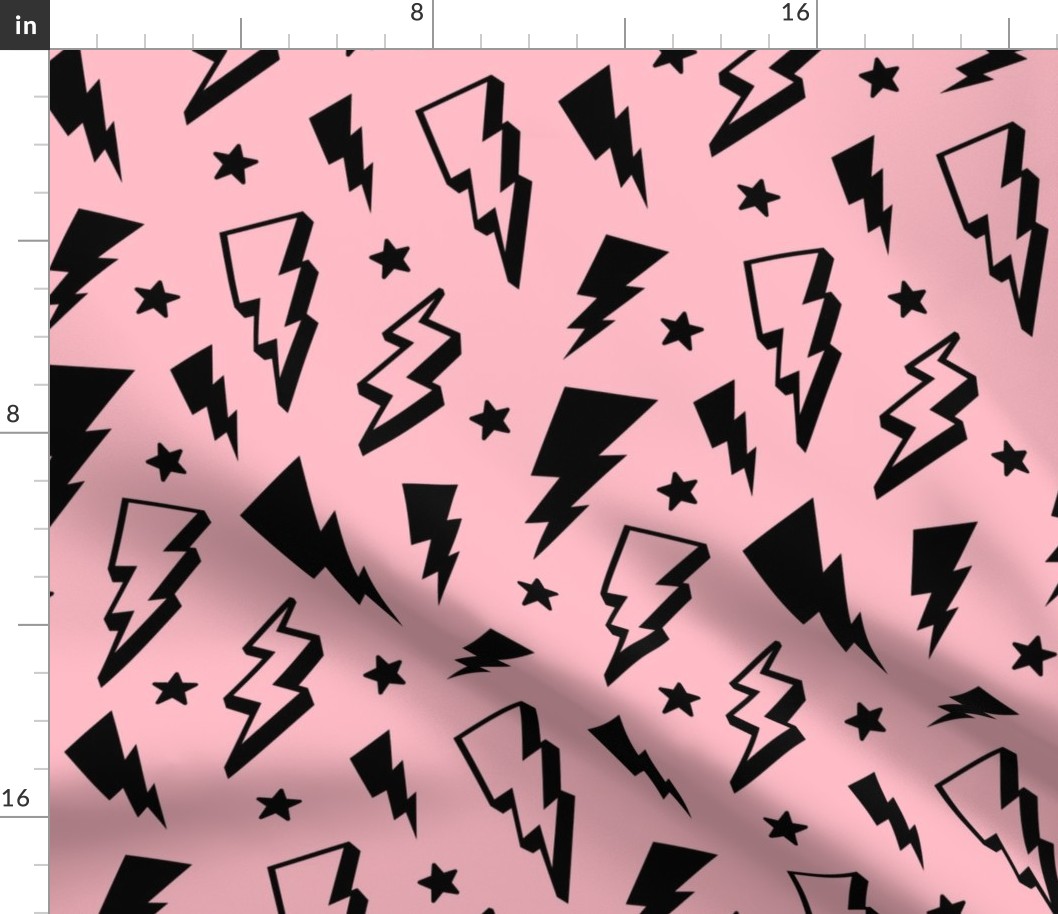 lightning + stars black on light baby pink bolts