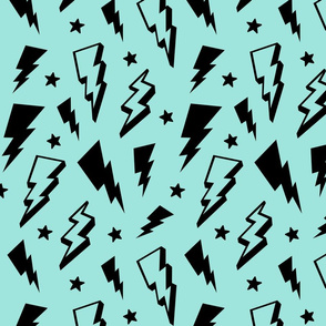 lightning + stars black on light baby teal blue bolts