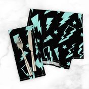 lightning + stars light baby teal blue on black bolts