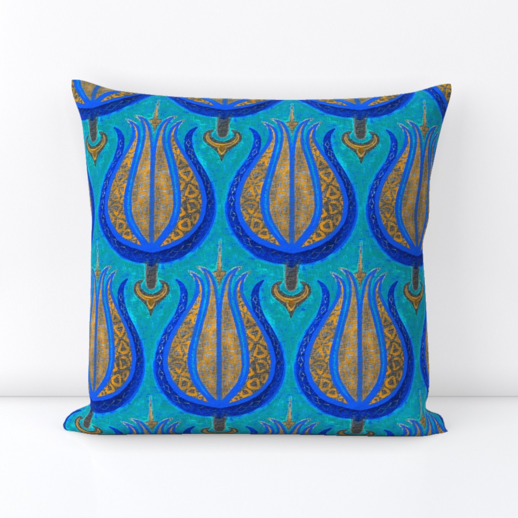 GIANT Tulips woven in old gold on cerulean blue by Su_G_©SuSchaefer