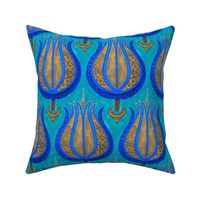 GIANT Tulips woven in old gold on cerulean blue by Su_G_©SuSchaefer