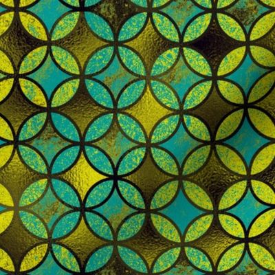 QUATREFOIL METALLIC GLOW  MODERN  TURQUOISE GREEN LIME CHARTREUSE BROWN  MEDIEVAL JAPANESE SYMBOL