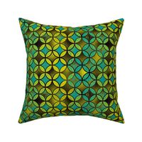QUATREFOIL METALLIC GLOW  MODERN  TURQUOISE GREEN LIME CHARTREUSE BROWN  MEDIEVAL JAPANESE SYMBOL
