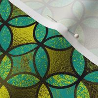 QUATREFOIL METALLIC GLOW  MODERN  TURQUOISE GREEN LIME CHARTREUSE BROWN  MEDIEVAL JAPANESE SYMBOL