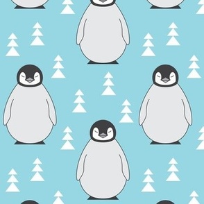 large penguins with triangle-trees-on-soft blue