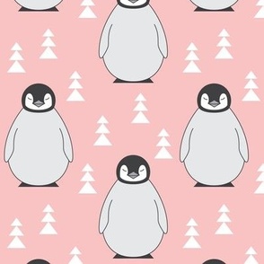 large penguins with triangle-trees-on-soft-pink