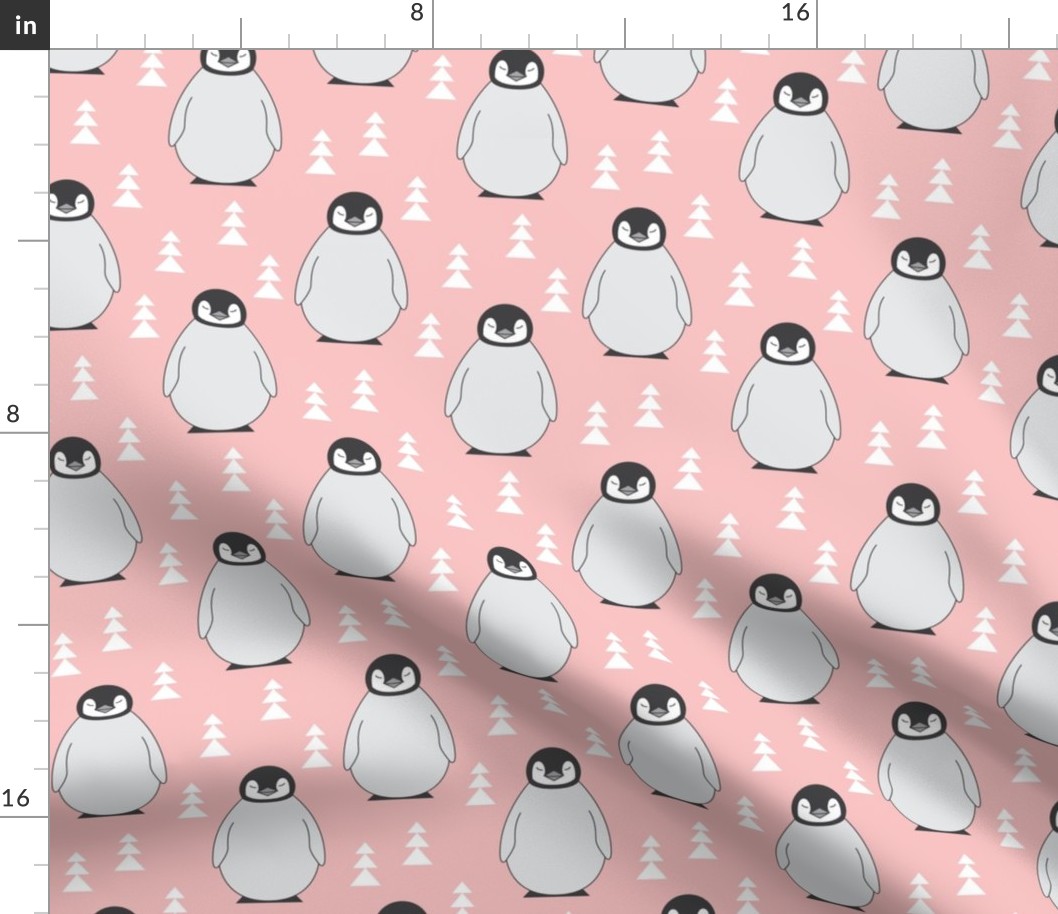 large penguins with triangle-trees-on-soft-pink