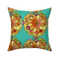 GOLD MANDALA FLOWERS  TURQUOISE LARGE