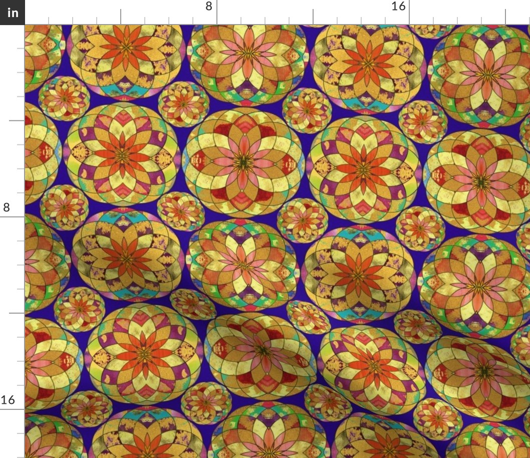 GOLD FLOWER MANDALA TILES Deep Purple Blue RAIN BUBBLES VARIEGATED