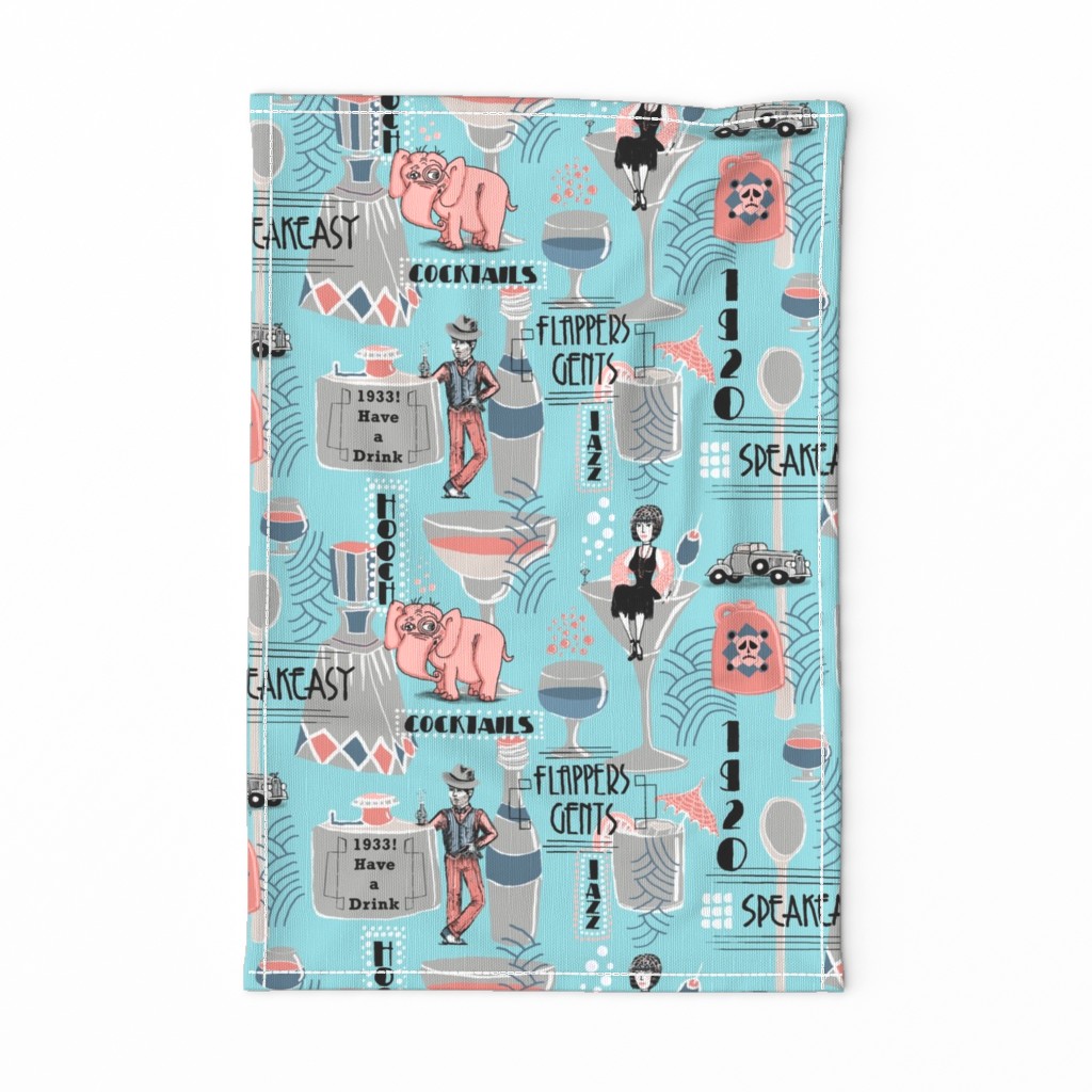 prohibition era, cocktails, anyone? crosswise version, blue coral pink gray turquoise aqua