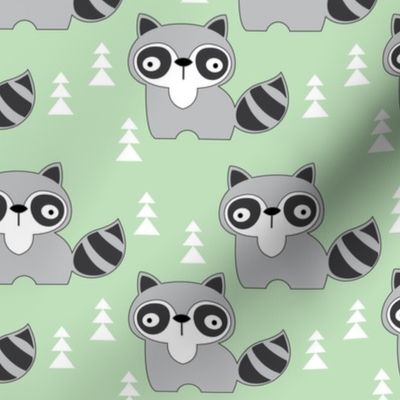 black and white raccoons on mint green