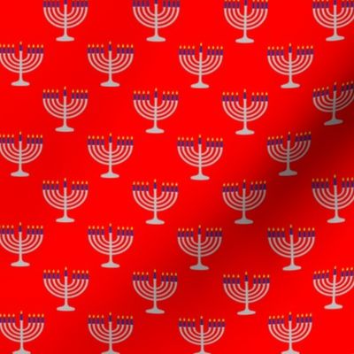 One Inch Matte Silver and Blue Menorahs on Red