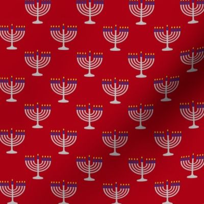 One Inch Matte Silver and Blue Menorahs on Dark Red