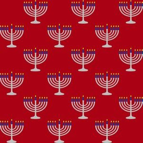 One Inch Matte Silver and Blue Menorahs on Dark Red