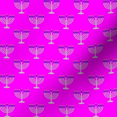 One Inch Matte Silver and Blue Menorahs on Magenta Pink