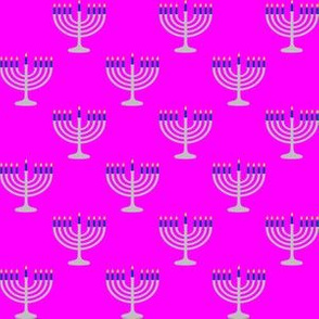 One Inch Matte Silver and Blue Menorahs on Magenta Pink
