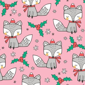 Winter Christmas Xmas Holidays Fox With snowflakes , hats  beanies,scarf  on Pink