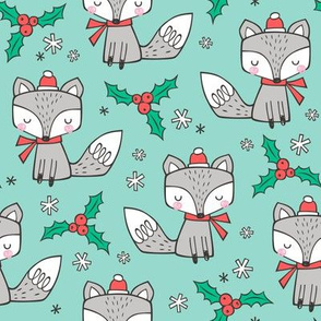 Winter Christmas Xmas Holidays Fox With snowflakes , hats  beanies,scarf  on Mint Green
