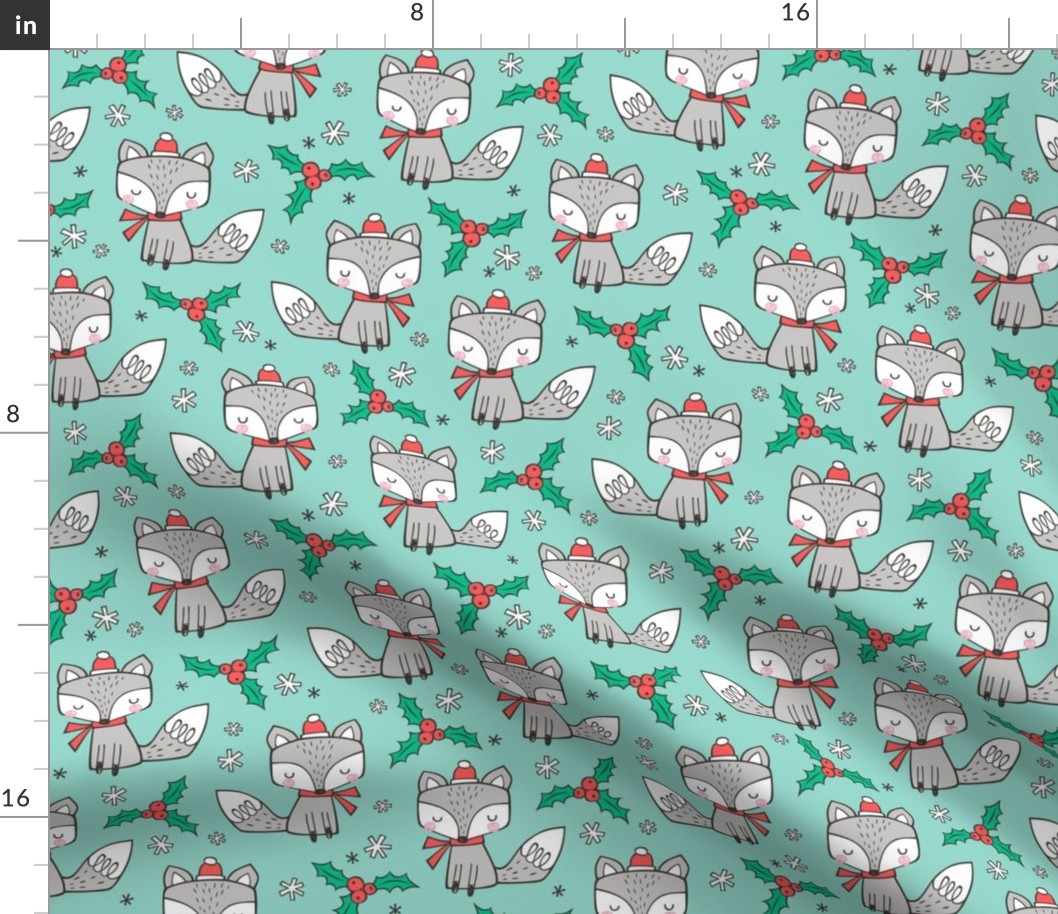 Winter Christmas Xmas Holidays Fox With snowflakes , hats  beanies,scarf  on Mint Green