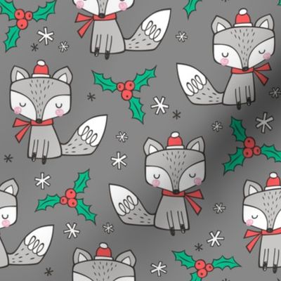 Winter Christmas Xmas Holidays Fox With snowflakes , hats  beanies,scarf  on Dark Grey